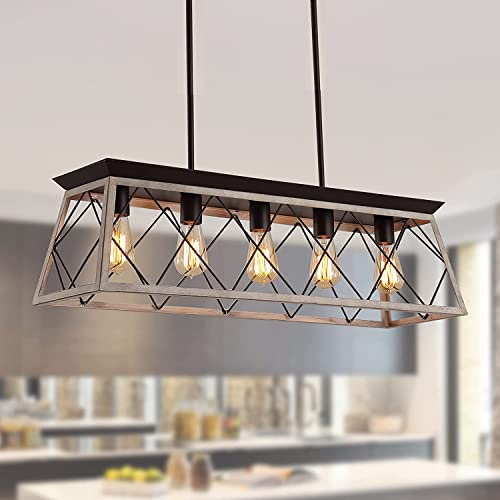 ZJIEDB Lámpara rectangular rústica de granja, iluminación de isla de cocina de 5 luces, lámparas de isla de cocina de granja, lámparas colgantes de granja rústica, lámpara rústica rectangular