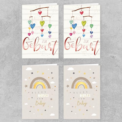 Skorpion PremiumLine Glückwunschkarten zur Geburt, 4 Stück mit Umschlag | Baby Glückwünsche für Jungen und Mädchen | umweltfreundliche Klappkarte aus Naturkarton | Grußkarte 11,5 x 17 cm Papeterie