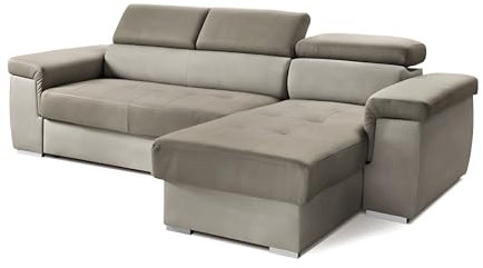 MONDO VIRO Mousse Ecksofa aus Nubuk mit verstellbarer Kopfstütze und ausziehbarem Bett (Nabuk Grau/Nubuk Taupe)