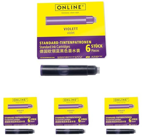 ONLINE Standard Ink cartridges, Universal Fountain Pen Ink, Compatible with All Common Standard Fountain pens, Replacement cartridges for Fountain pens and rollerballs, 6 Pieces, Colour Purple