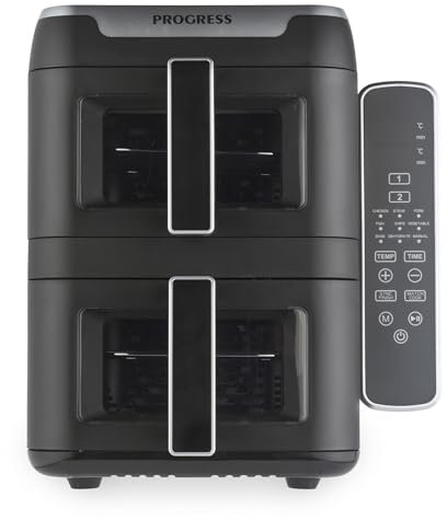Progress Friggitrice ad aria verticale a doppio cassetto, facile visualizzazione, cucina su 4 livelli, capacità di 9L (2x4.5L), salva spazio, 12 funzioni di cottura, Sync & Match, senza PFAS