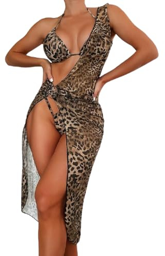 BSLVWG Damen 3-teilige Bikini Sets mit Lange Abdeckung Up Sexy Leopard Halter Bikini Top Dreieck Bikini Bottoms Badeanzug Badebekleidung (DE/NL/SE/PL, Alphanumerisch, M, Regular, Regular, Leopard)