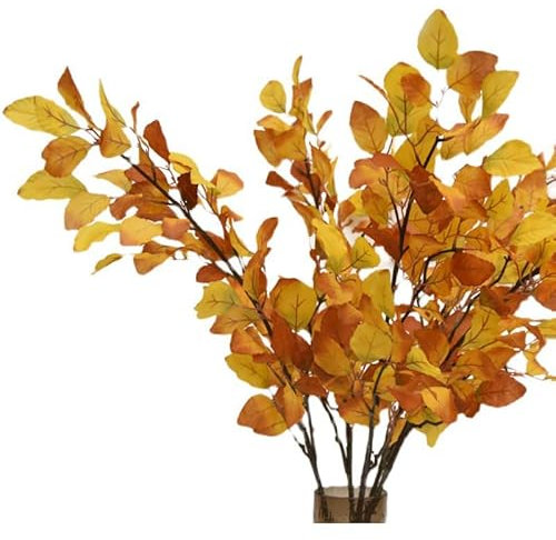 3 Bündel 97cm Kunstblumen Herbst Herbstdeko, Herbstblumen Künstlich Herbstlaub Pflanzen Fagus Sylvatica, Kunstzweige Faux Stämme Lange Stiele für Herbst Dekoration Gartendekoration Tischdeko (Orange)
