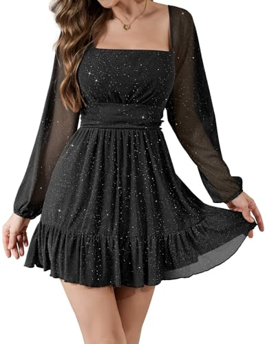 Bridesmay Sparkly Sequin Black Cocktail Dresses UK for Women,Square Neck Mesh Long Sleeve Flowy Casual Party Mini Dress (Black,S)