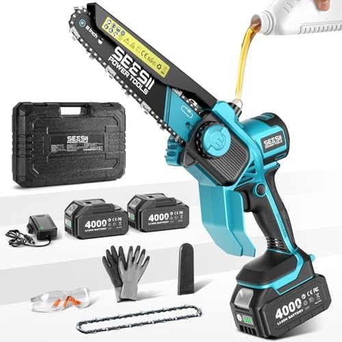 SEESII Mini Tronçonneuse à Batterie 8 Pouces 2X4.0Ah, Moteur Sans Balais | Tronçonneuse Électrique avec Tension de Chaîne et Graissage Sans Outil, Rapide de Branches pour Jardin et Coupe de bois