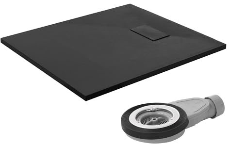 LuxeBath Duschwanne 90x80 cm Schwarz mit Ablaufgarnitur, Extra flache und robuste SMC Duschtasse, Rechteckige Brausewanne H:30 mm, Design Brausetasse Anti-Rutsch-Oberfläche in Schieferoptik mit Siphon