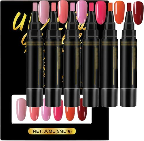 6PCS Gel Nail Polish Pens, 3-in-1 UV Gel Varnish for DIY Nail Art, Quick-Dry Nail Polish Set for Girls and Ladies, Salon Quality Manicure Kit