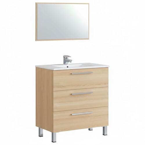 Mobile Bagno A Terra Con 3 Cassetti Lavabo In Ceramica E Specchio 77 x 50 Cm Inclusi Design Moderno Salvaspazio Elegante E Funzionale 80 x 45 x 86 Cm (Rovere Chiaro)