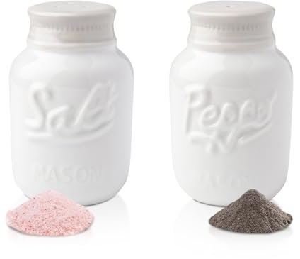 Vintage Mason Jar Salt & Pepper Shakers by Comfify - Adorable Decorative Mason Jar Decor for Vintage, Rustic, Shabby Chic - Sturdy Ceramic in White - 100 ml Cap.