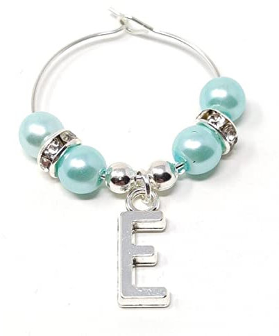 Personalised Light Blue Pearl Initial Letter Wine Gin Prosecco Glass Charms Hen Wedding Christmas Party