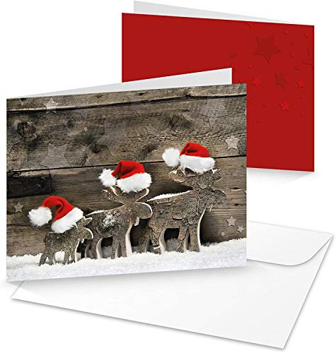 Logbuch-Verlag 3 Weihnachtskarten Rentiere Holzoptik rot weiß - Din A6 quer leere Karten zum Beschriften & Bedrucken - Grußkarte Weihnachten