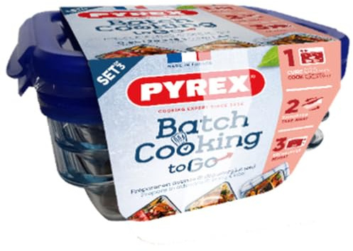 Pyrex Batch Cooking Cook & Go Food Storage Glass Containers - 0.8Ltr (Set 3)
