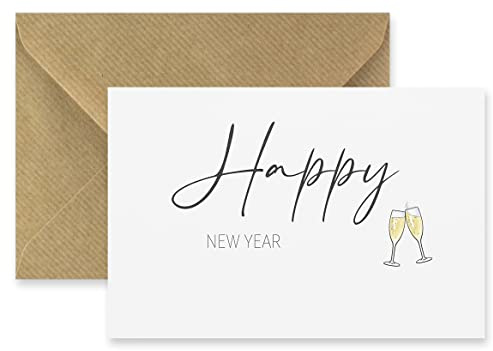 Merz – 4 Stück Neujahrskarten mit Umschlag in Naturpapier 10,5 x 14,8 cm – Frohes Neues Jahr Grußkarte Happy New Year – Klappkarte mit Neujahrsmotiv – 100% Made in Germany