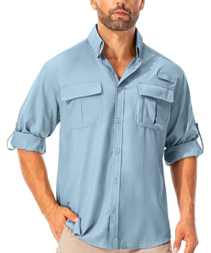 Asfixiado T-shirt cargo à manches longues pour homme - Protection solaire - Pour la randonnée, la pêche, le safari, bleu, M