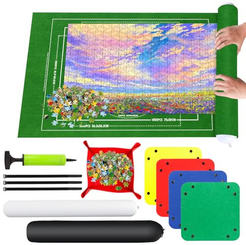 RISVOWO Puzzlematte, Puzzle Roll Storage Mat für Bis 500 1000 1500 Puzzle, Tragbare Puzzle Rollenmatte mit Puzzle-Sortierschale, Puzzleunterlage für Puzzle Auf 66 * 116 cm Aufbewahrung(Grün)