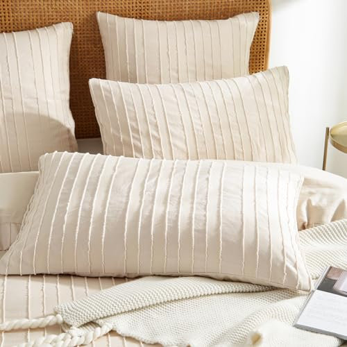 Nyescasa 2er Set Kissenbezug 40 x 80 cm Beige Boho Getuftet Gestreift Kissenbezüge mit Reißverschluss Seersucker Kopfkissenbezug Kissenhülle Doppelpack