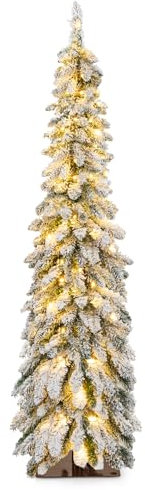 GYMAX Künstlicher Weihnachtsbaum 120/150 cm, Tannenbaum mit 225/334 PVC-Spitzen, Kunstbaum Christbaum mit Schnee & 100/150 zweifarbigen LED-Leuchten, für Zuhause & Büro (150 cm)