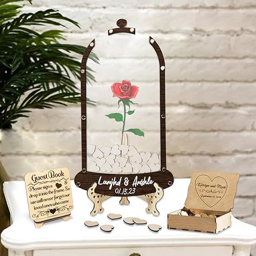 Personalisierte benutzerdefinierte Text Brief Rose Hochzeit Gästebuch mit 30-100pcs hölzernen Herzen, hölzerne Hochzeit Gästebuch Zeichen, Jubiläum Hochzeit Zeichen im Buch für Zeremonie (style 6)