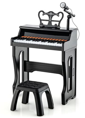 RELAX4LIFE Pianoforte per Bambini con 37 Tasti, Tastiera Musicale con Microfono, Leggio e Sgabello, Funzioni di Record e Playback, Regalo di Natale/Compleanno per Bambini 3 4 5 6 anni (Nero)