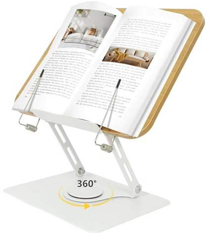 Buchständer Holz - 360° Drehung Höhenverstellbarer Buchhalter Leseständer mit Massivem Aluminiumlegierungsbasis und Arm, Book Stand für Hardcover, Rezepte und iPad Laptop