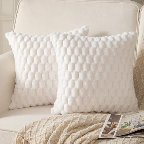 Mandioo 2er Set Cremeweiß superweichen dekorative Plüsch Kissenbezug Kissenbezüge 55 x 55 cm Wollsamt Dekokissenbezüge Kissenhülle Sofakissen Dekokissen flauschig für Couch Sofa Bett Wohnzimmer