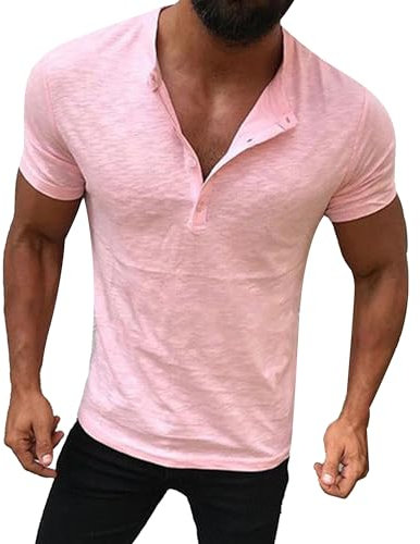 T-Shirt Homme Muscle Slim Henry Col en V léger Henleys Manches Courtes T-Shirt d'entraînement Sportif en Coton (Couleur Rose,L)