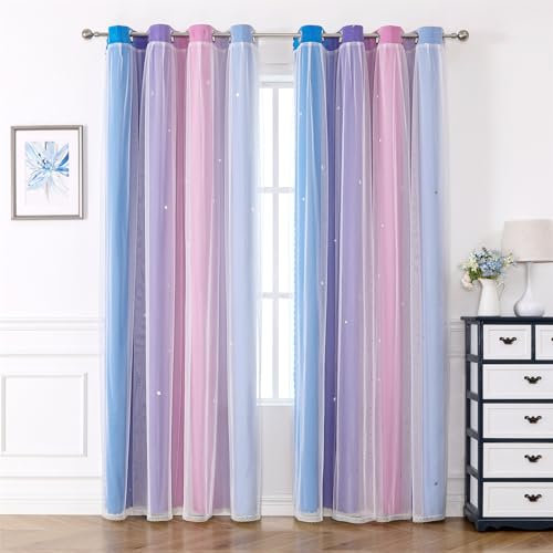 Freyamy Wohnzimmer Gardinen Blau Lila Rosa Glänzend Sterne Vorhänge Halbtransparent 250x100 (HxB) Ösenvorhang 2er Set Farbverlauf Gardinen mit Farbverlauf Vorhang verdunkelungsvorhang