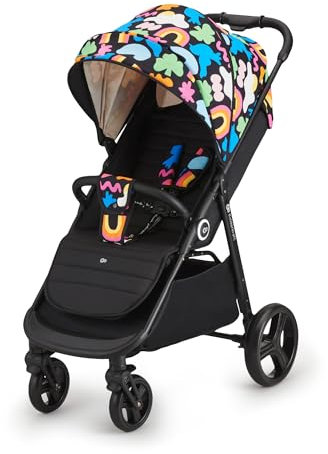 Kinderkraft GRANDE PLUS Passeggino Leggero dalla Nascita fino 22 kg, Pieghevole con una Mano, Posizione Sdraiata, L'ammortizzazione su Tutte le Ruote, Cappottina XL, Happy Shapes