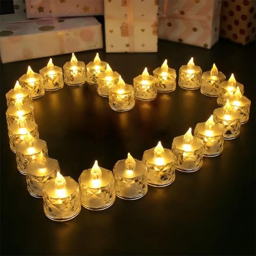 Joollurm 24 Pack Warm White LED Tea Light Candles, Battery Operated Fake Electric Candles for Votive Party Wedding Birthday Halloween Home Decoration (Batteries Include)- Transparent Crystal