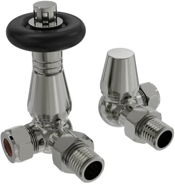 NRG Traditional Corner Central Heating Radiator Valve 15mm Thermostatic Lockshield Valves Satin Nickel