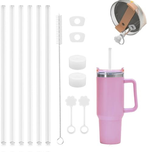TAIHOBO Lot de 6 Paille en Plastique, 31cm, Transparente, Réutilisable, Antifuite, Accessoire pour Stanley Cup, Comprend 6 Bouchons Anti Fuites en Silicone et 1 Brosses de Nettoyage à Paille