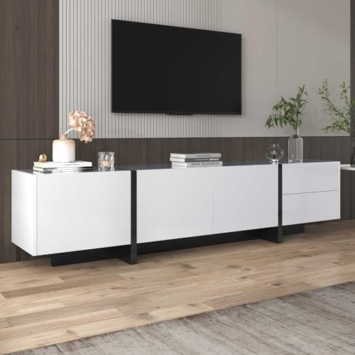 NIUAWASA Meuble TV bas panneau noir et blanc brillant Meuble TV avec portes et tiroirs Meuble TV avec étagères Design simple