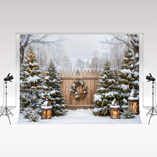Kate Winter Outdoor Forest Photography Backdrops 3x3m/10x10ft Christmas Tree Brown Wooden Fence Snow Pine Forest Adult Kids Family Portrait Photocall Decorative Background Photo Studio