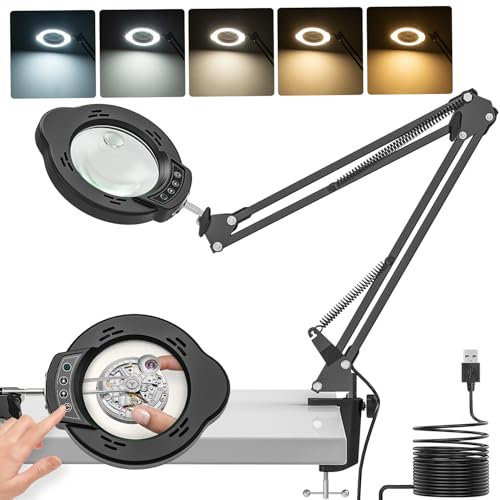 Jubor Verbessert Lupe mit Licht und Ständer, 15X 10X Lupenleuchte mit Klemme, LED Lupe und Licht mit 5 Farbmodi und 10 Helligkeitsstufen, Schreibtischlampe für Hobby Basteln, Reparatur, Heimwerker