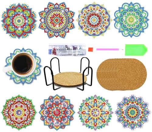Kit de sous-verres de peinture au diamant bricolage - Sous-verre de table de peinture d'art de diamant avec le support | 8 pièces bricolage sous-verres Kits de peinture diamant pour débutants, adultes