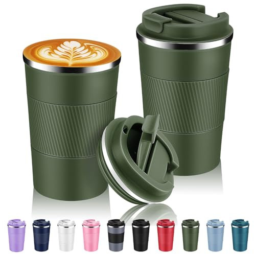 Volhoply 380ml 13oz Stainless Steel Insulated Travel Coffee Mug with Fip Lid Bulk 2 Pack,Reusable Double Wall Vacuum Metal Coffee Cup,Portable Leak Proof Tumbler for Hot & Cold Drinks(Army Green,2)