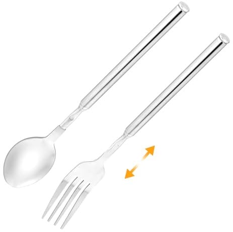 HAPPOW 2pcs Extendable Fork Spoon Set, Telescopic Stainless Steel Fork and Spoon Extends to 25, Expandable Extension for BBQ Fruit