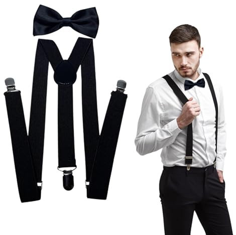 Anwangda Hosenträger Herren mit Fliege, Y Form Hosenträger Breit Lang mit Sehr Starken 3 Metall Clip, Verstellbares Elastisch Hosenträger Herren Arbeitshose(FARBE:Schwarz)