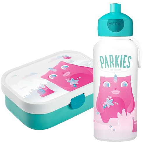 Landpark Trinkflasche & Brotdose Hedi - Trinkflasche mit Pop-Up funktion - Brotdose für Kinder mit Fächern inkl. Gabel - BPA Frei - Jausenbox
