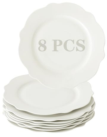 FIVEAGE 10.5 Inch Ceramic Large Dinner Plates Set of 8, White Porcelain Appetizer Salad Plate, Dinnerware Serving Plates for Pasta, Steak, Pancake, Microwave Oven and Dishwasher Safe