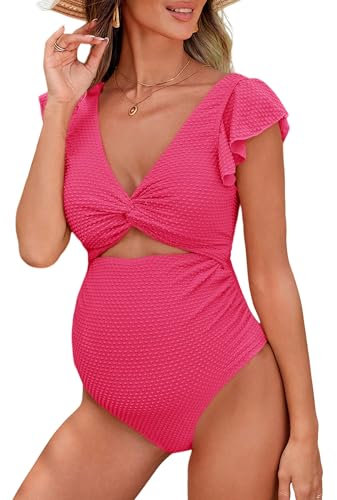 Happy Cherry Maillot de Bain 1 pièce de Maternité Cutout Self-Tie Back Grossesse Maillot de Bain Femmes Enceinte Maternité Swimwear Chic Rose L