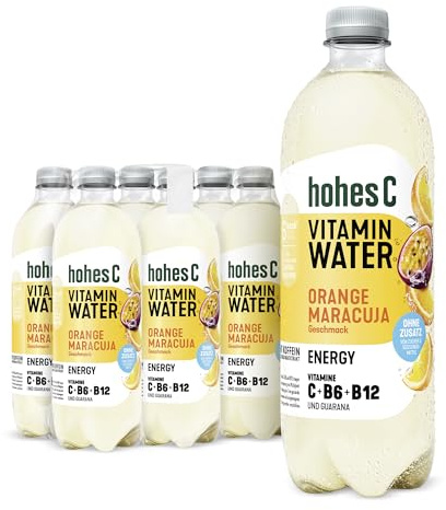 hohes C Vitamin Water Energy Orange & Maracuja (6 x 750ml), Müdigkeit & Ermüdung verringern, mehr Energie mit Vitamin C, B6 & B12, nur 6kcal/100ml, ohne Zuckerzusatz & Süßungsmittel, vegan