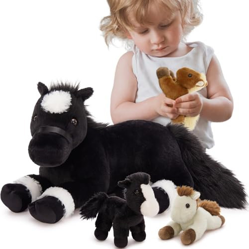 MorisMos 4 stücke Pferd Kuscheltier Set, 45cm riesen Pferd Kuscheltier XXL mit 3 Baby im Bauch, groß Plüschpferd Stofftier Plüschtier, Horseteddy Geschenk für Jungen