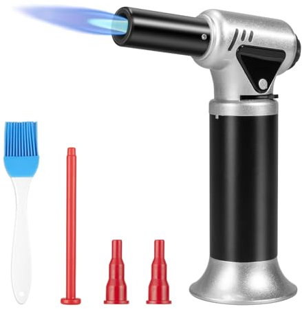 Carehabi Chalumeau de Cuisine, Flamme Réglable Chalumeau avec Verrouillage de Sécurité, Rechargeable Briquet Chalumeau Pour Cuisson, Pâtisserie, Barbecue, Camping Argent(Gaz Butane non Inclus)