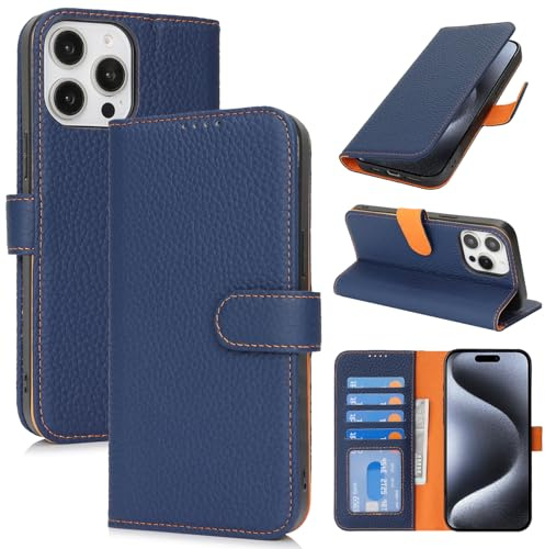 Zouzt Leather Wallet Case for iPhone 15 Pro, 4 Card Slot, Blue & Orange | Genuine Leather, Card Holder, Shockproof TPU Shell, Magnetic Closure, Protective Flip Folio Phone Cover, For Women Men