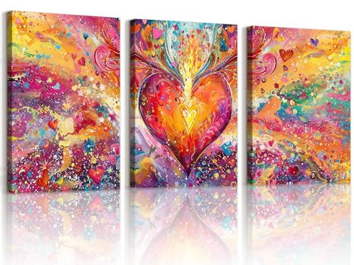 WENGTIAO 3 Pièces Abstraite Coloré Cœur Tableau Decoration Murale Encadré | Toile Peinture Romantique Représentant un Cœur pour Moderne Decoration Murale Salon Maison Deco Chambre 30x40cmx3