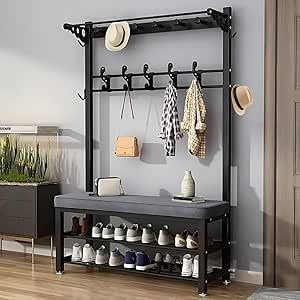 angrounps Porte-Manteau en Métal,Portemanteau Vestiaire Meuble D'Entrée avec Étagère à Chaussures à 3 Niveaux,Portants avec 10 Crochets et Banc pour Couloir Entrée 100X30X170CM, Noir