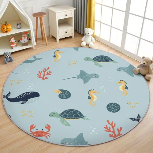 AevuCub Meerestiere Kinder Teppich Rund 120cm Kurzflor - Waschbare Teppiche Wohnzimmer Meereswelt Schildkröte Wal - Runder Teppich 120 Durchmesser Kinderzimmer - Bettvorleger rutschfest Weich