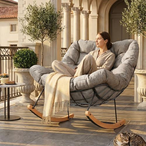 FLEXISPOT Rocking Chair Indoor Outdoor, Oversized Papasan Chair with Thick Cushion, Reclining Lounge Armchair, Metal Frame & Wooden Base, Accent Rocker for Patio Garden Balcony Living Room