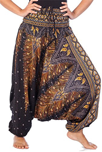 Lofbaz Damen 2 in 1 Haremshose & Jumpsuit Pfauendruck Schwarz & Gold 4XL